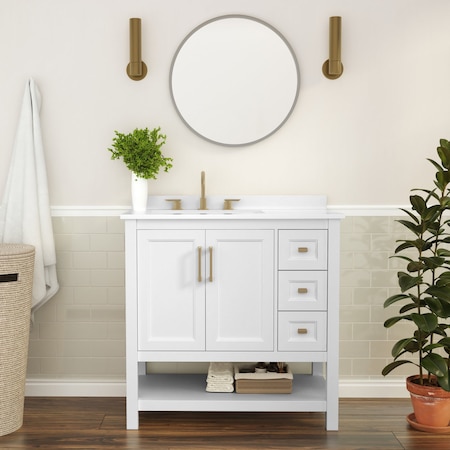 Flash Furniture Vega 36-in. Vanity w/Sink, Storage Cabinet w/Soft Close Doors, Open Shelf and 3 Drawers, White/Gold FS-VEGA36-KD-WH-GLD-GG